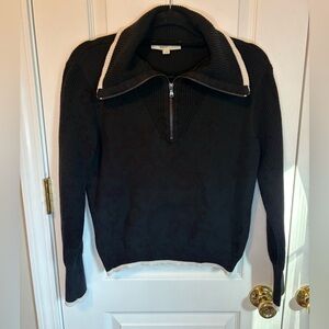 LOFT Zip Neck Sweater M Black Ribbed Trim Cozy Knit Pullover